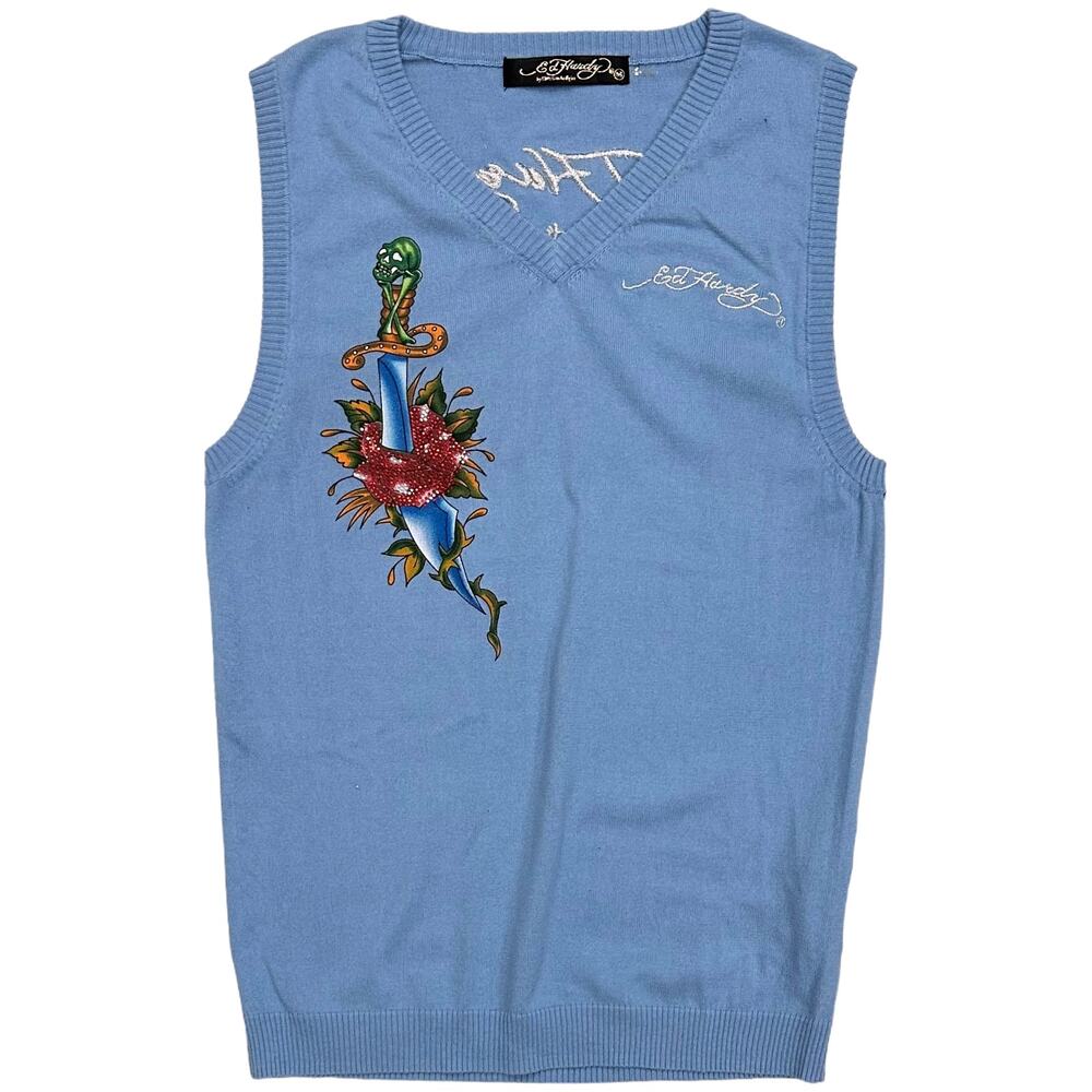 Ed Hardy by Christian Audigier Embroidered Eagle Snake Skull V-Neck Sweater Vest
